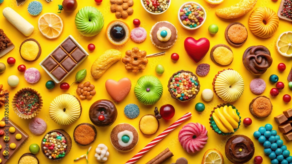 Poster a vibrant yellow background showcasing an array of colorful candy, chocolate, cookies, and pastries.