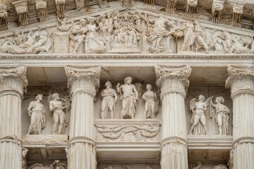 Obraz premium Detailed View of Greek Temple Facade with Sculpted Figures and Corinthian Columns, Showcasing Ancient Architectural Mastery and Cultural Heritage