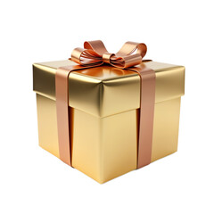 Gold present box with brown ribbon. Gift box isolated on isolated background. Shiny present package tied with bow for birthday holiday. Festive decor for graphic design. Luxury premium gift concept.
