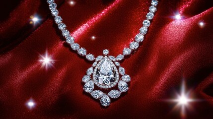 Fototapeta premium Elegant Diamond Necklace on Rich Red Fabric
