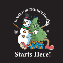 Vector Illustration of Christmas Tree Mascot with Snowman in Retro Mascot Illustration Available for Tshirt Design
