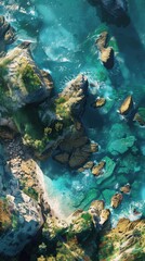 Obraz premium Aerial View of Rugged Coastline with Wild Cliffs and Tranquil Bay
