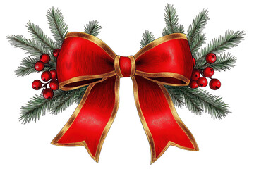Red satin Christmas bow with golden border, tied with a ribbon, and adorned with fir branches, berries, and leaves. Perfect for adding a festive touch to holiday designs. Transparent isolated cut out.