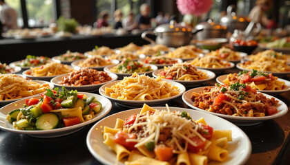 Variety of pasta dishes on buffet table