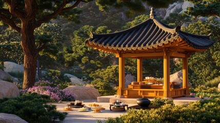 Fototapeta premium Tranquil Garden Pavilion in Serene Nature Setting