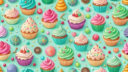 A whimsical pattern of colorful cupcakes and sprinkles, perfect for a birthday celebration or a sweet treat.