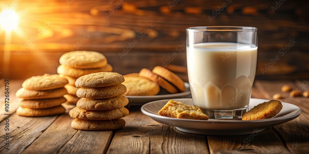 Poster a glass of milk with a single cookie on a plate next to a pile of cookies on a wooden table. the sun