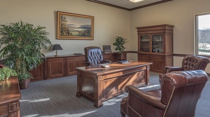 Fototapeta premium Elegant Office Interior with Wooden Furniture and Plants