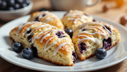 Blueberry scones with icing drizzle on white plate