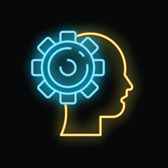 Neon sign depicting the profile of a human head with a gear partially inside, symbolizing thought, idea or solution
