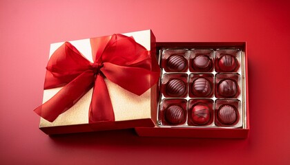 A box of tempting red chocolate bonbons tied with a red bow, perfect for a gift, set against a red background.