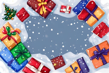 Obraz premium Festive Christmas Frame with Gifts, Tree Branches, and Candy Canes in Snow, A Christmas-themed frame with colorful gifts, tree branches, candy canes, and snowflakes