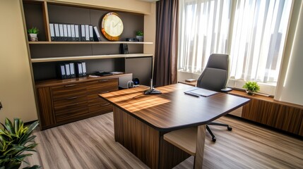 Modern Office Interior with Desk and Window Light
