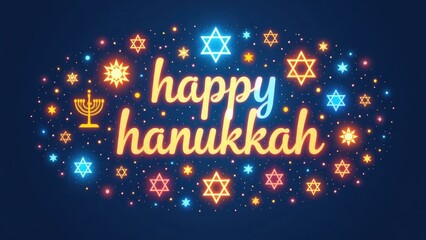 Colorful "happy hanukkah" greeting with starry background and menorah symbol celebrating hanukkah concept