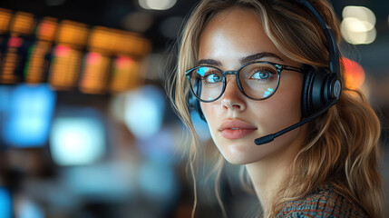 Woman with headset, screen glow, trading desk, busy digital boards, focused task light
