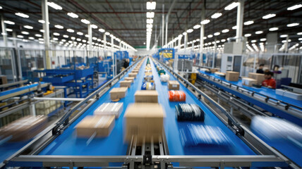 A conveyor belt is filled with boxes of various sizes and colors. The boxes are moving along the belt, with some moving faster than others. The conveyor belt is blue