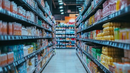 Long Aisle View in a Well-Stocked Supermarket