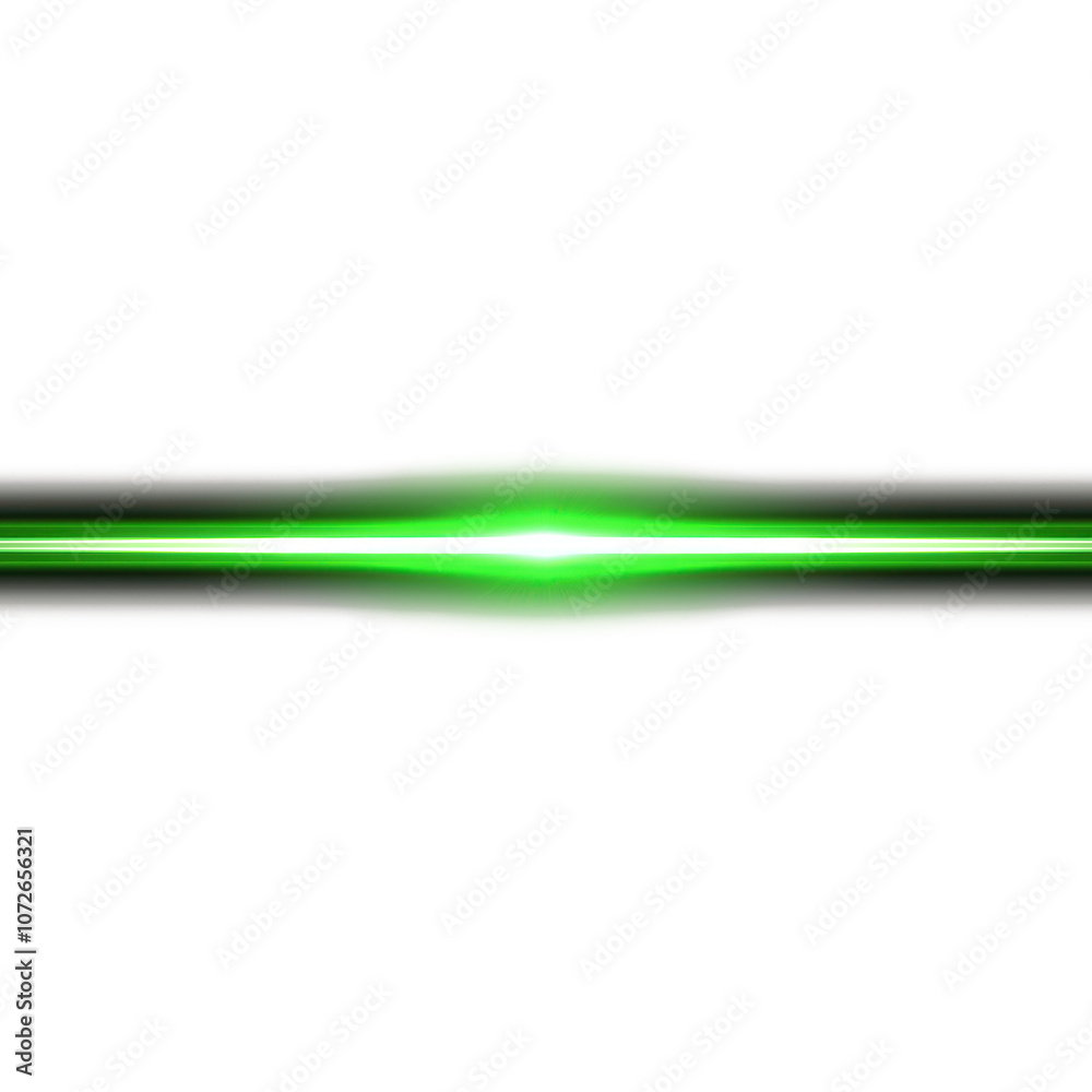 Poster Horizontal neon green beam. Green line. Bright. Abstract design. Green glow. Isolated on transparent background. Design element. Neon green for motion graphics video projects. Alpha mask cut out png.