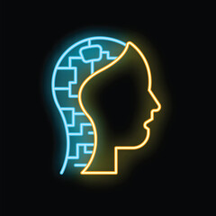Bright neon icon showing a human head with a circuit board pattern, representing the concept of artificial intelligence