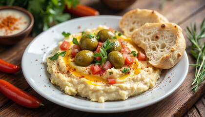 Creamy hummus with olives and bread on rustic table