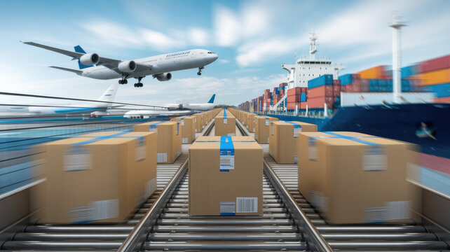 A plane is flying over a train with boxes on it. The plane is in the background and the train is in the foreground