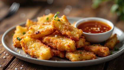 Fototapeta premium Crispy fried cheese curds with spicy dipping sauce