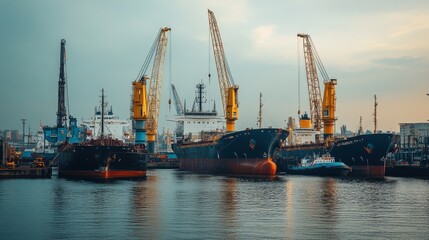 Obraz premium Maritime Scene with Cargo Ships and Cranes at Dusk