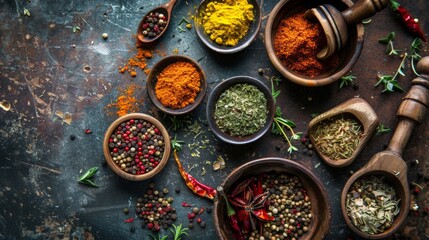 Rustic Assortment of Colorful Spices and Herbs on Dark Tabletop