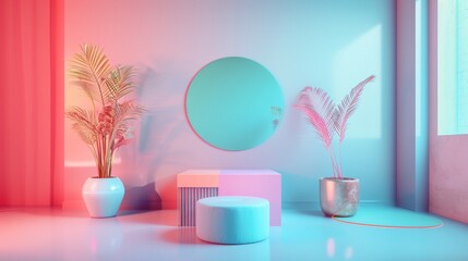 Contemporary Pastel Interior with Potted Plants and Mirror