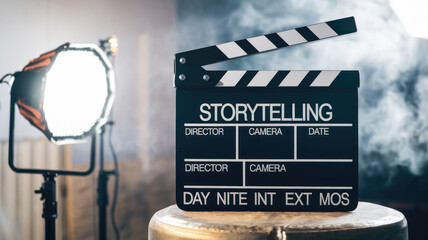 A black and white movie clapperboard with the words Storytelling written on it. The clapperboard is placed on a table next to a light and a camera