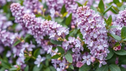 Beautiful and delicate floral background featuring lilac toned flowers and green leaves, spring, blooms