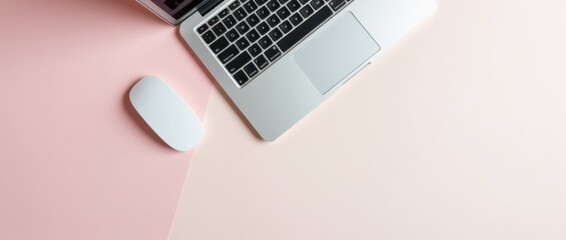 Minimalist Laptop and Wireless Mouse Setup on Pastel Background