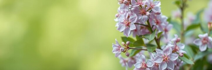 Obraz premium Beautiful floral background with delicate lilac blooms and soft green leaves, petal, leaves