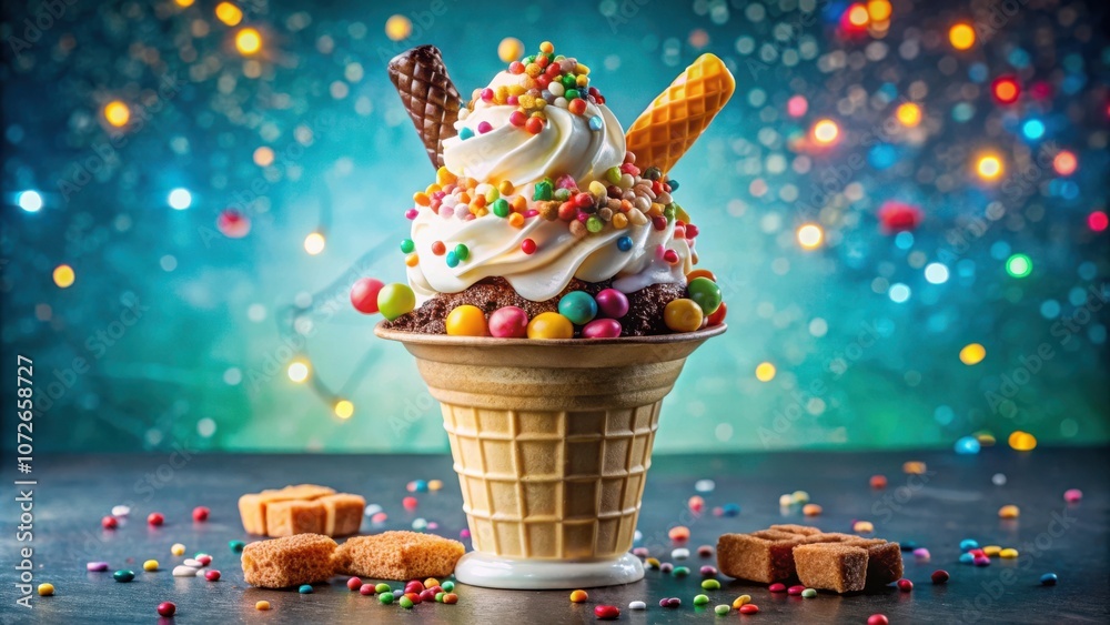 Poster a whimsical ice cream sundae with toppings and candy, against a background of sparkling lights