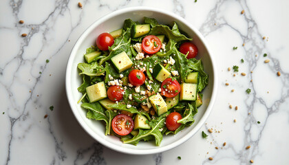 Fresh Greek salad with feta in white bowl on marble