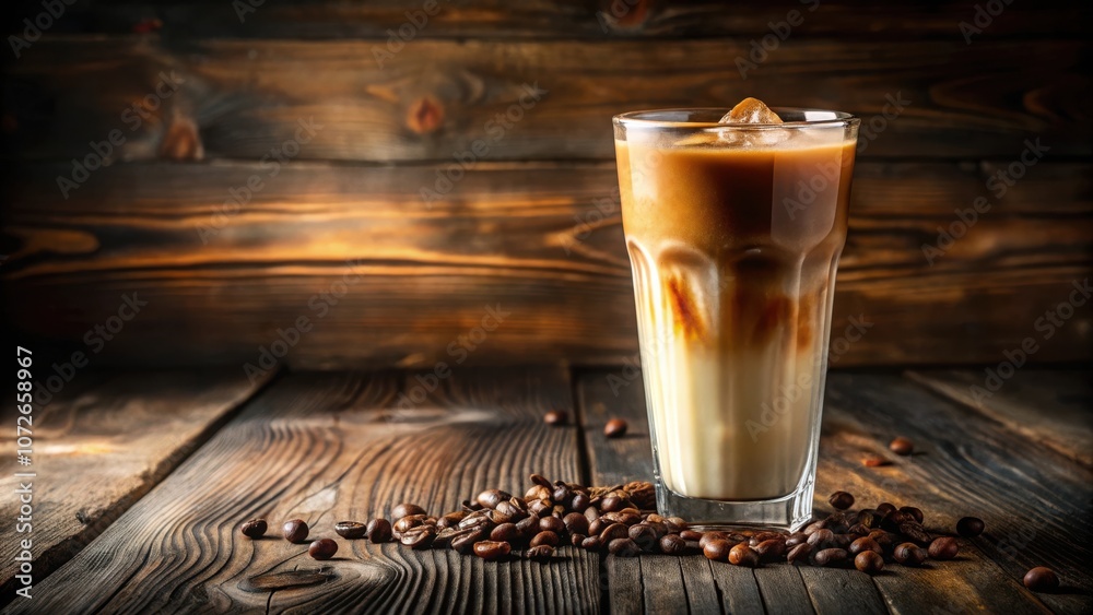 Poster refreshing iced coffee with a splash of milk and ice on a rustic wooden table
