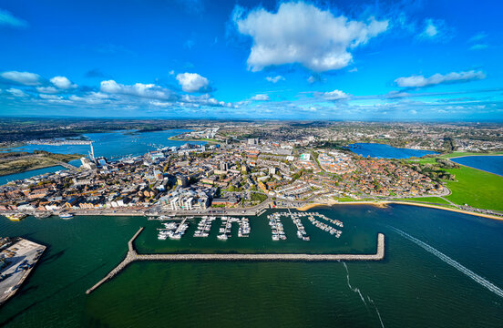 Aerial view of Poole, a coastal town in Dorset, southern England, known for its large natural harbour and sandy beaches