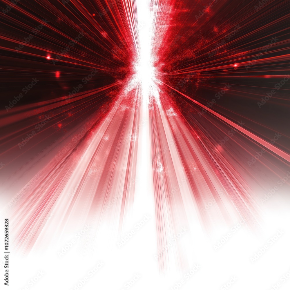 Poster red beams of streak across black background, converging at center. intense, creating powerful visual