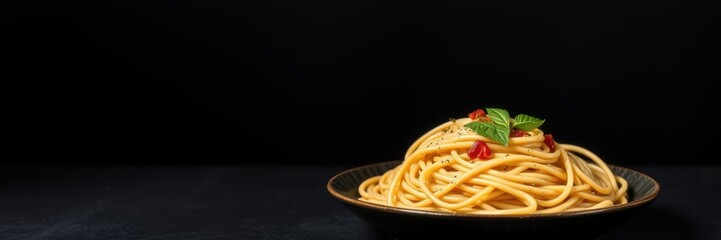 Dark plate with Italian spaghetti served on a sleek black background, gourmet, cuisine