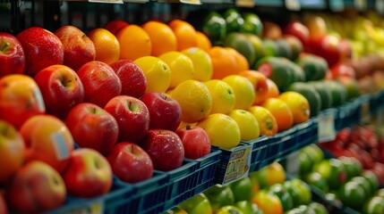 Fresh Apples and Citrus Fruits in Grocery Store Display