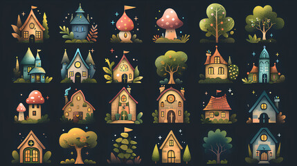 Cute Cartoon Houses  Trees and Mushrooms Clipart