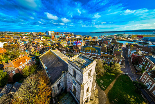 Aerial view of St James Church in Poole, a coastal town in Dorset, southern England, known for its large natural harbour and sandy beaches