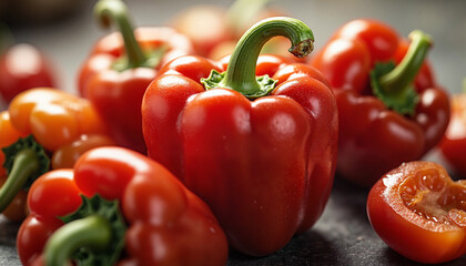 Fresh red bell peppers and cherry tomatoes close-up