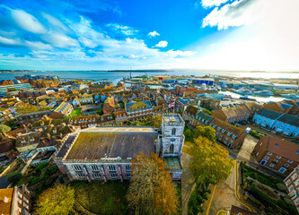 Aerial view of St James Church in Poole, a coastal town in Dorset, southern England, known for its large natural harbour and sandy beaches