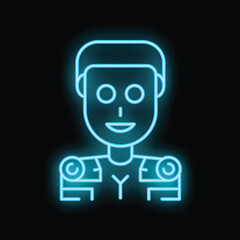 Neon blue glowing vector of a pilot avatar icon smiling on a black background