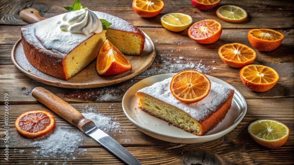 Poster a slice of citrus cake topped with powdered sugar and an orange slice on a white plate, surrounded b