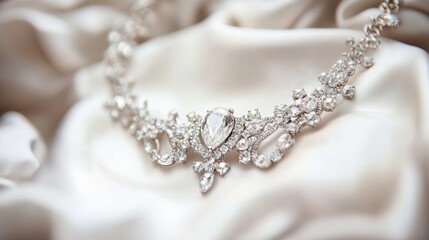 Fototapeta premium Elegant Diamond Necklace on Soft Fabric Background