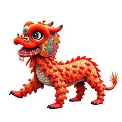 Fototapeta premium Red Chinese lion dance costume. Traditional Asian animal, new year celebration. Folklore, magic, fortune. Happy New Year. Lunar calendar, zodiac animal. Chinese culture, tradition, festival, Isolated.