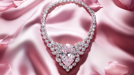 Obraz premium Elegant Heart-Shaped Pink Necklace on Soft Fabric