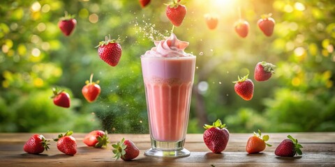 Strawberry Milkshake with Whipped Cream and Falling Berries on a Wooden Table